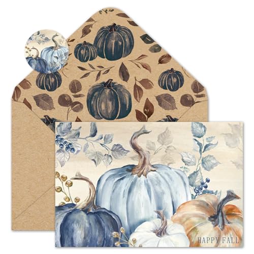 Cartes de remerciement d'automne citrouille bleue Whaline avec enveloppes et autocollants lot de 50