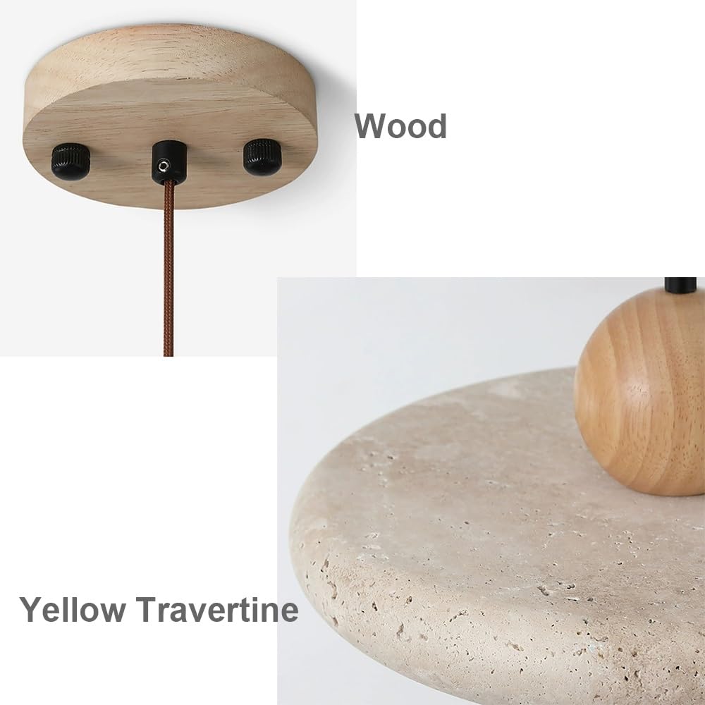Moderne Pendelleuchte aus Rundstein, Hängelampe Flach in Gelbem Travertin für Küche oder Schlafzimmer Kronleuchter LED Dimmbar(Stepless,30cm/11.81in)