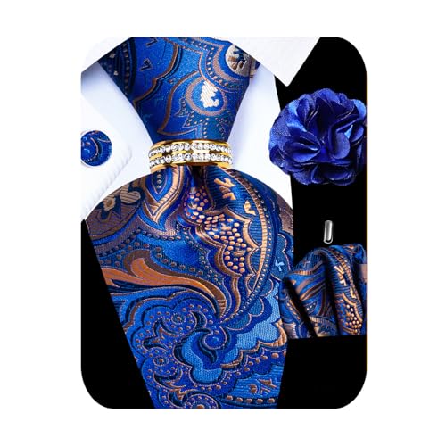Image of 5PCS Mens Silk Designer Tie, Pocket Square, Cufflinks, Drilled Tie Ring and Lapel Pin Set for Wedding Groom Party