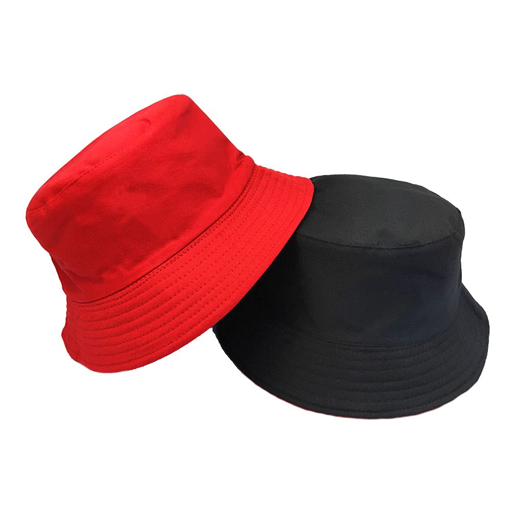 DB11Simple Casual Bucket Hat Double Side Wear Outdoor Cap Summer Travel Solid Color Beach Sun Hat Unisex Couple Hat (Red+Black)