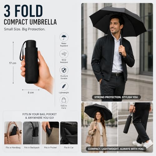 Image of Compact 3-Fold Black Umbrella - Windproof & Travel-Friendly, Manual Open-Close for Man, Women, Kids, Girls, Boys