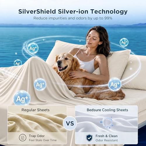 Image of Bedsure Cooling Sheets King Size, Silver Infused Bed Sheets, Q-Max>0.46 | Instant Cooling for Hot Sleepers, Luxury Soft, Silky Smooth, Breathable, Deep Pocket Up to 16 inch, 4 Pieces with Pillowcases