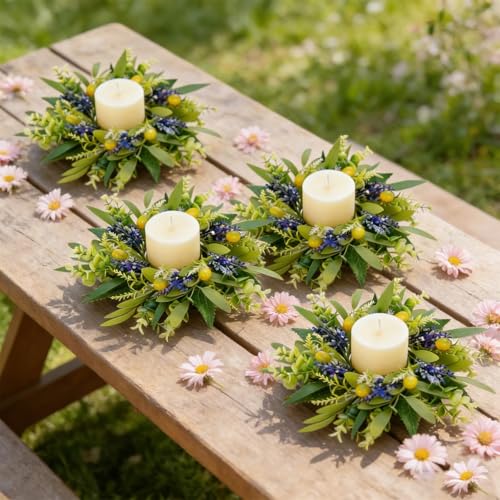 Image of 4 PCS Eucalyptus Olive Candle Rings Wreaths Spring Summer Greenery Kitchen Cabinet Wreaths Mini Green Boxwood Leaves Candle Wreath for Pillars Farmhouse Wedding Celebrations Tabletop Decoration