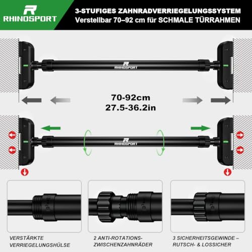Image of RHINOSPORT Pull-up bar door frame without screws with rotating gear lock, pull-up bar adjustable 69-92 cm (27.1-36.2 inches), load capacity up to 200 kg pull up bar, black