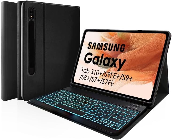 Nsyee Keyboard Case for Samsung Galaxy Tab S10 Plus/S9 Plus/S9 FE Plus/S8 Plus/S7 Plus/S7 FE 12.4 Inch 7 Color Backlit Detachable Bluetooth Keyboard Case with S Pen Holder Black