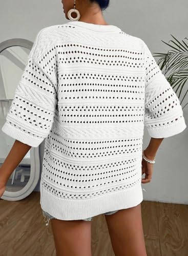 Image of Acelitt Crochet Tops for Women Summer Short Sleeve Sweater | Boho Striped Knit Top, 3 /4 Sleeve, Hollow Out Oversized Sweaters, Lightweight Blouses, Spring Fall Outfits for Beach Vacation