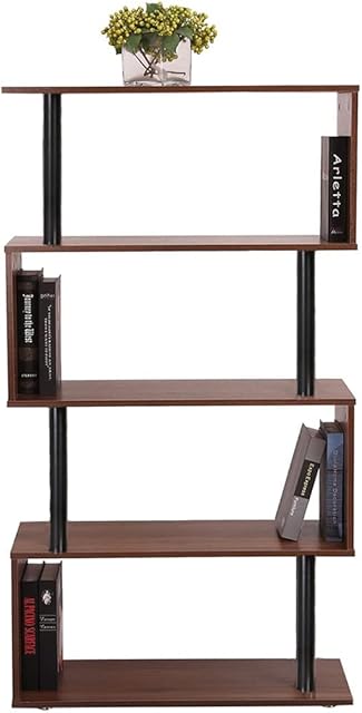 Homesbrand Wooden Bookcase, S-Shape Decorative Bookshelf Organizer, 4-tier Bookshelf Dividers Storage Display Unit for Living Room, Study and Office, Brown, 75x30x144cm
