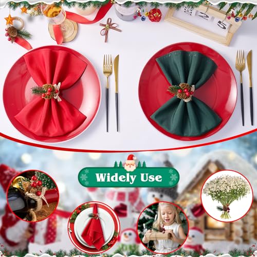 Christmas Napkins Cloth Set of 8 and Christmas Napkin Rings Set of 8, 16 PCS Evergreen Snowy Pinecone Xmas Napkins Table Decorations for Holiday Dinner Party Table Decor – Image 5