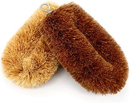 Okuda Tawashi Vegetable Scrub Brush Set of 2, Slim Type, Japanese Design, Natural Palm Fibers, Veggies and Household use with Wire Hanging Loop