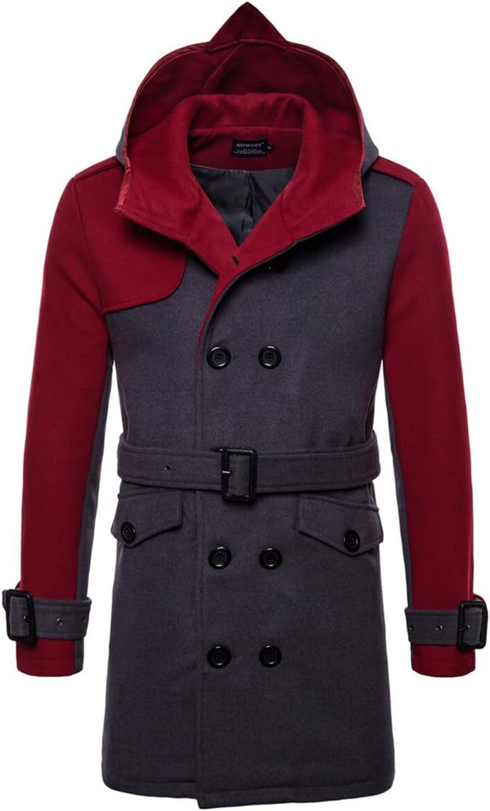 AOWOFS Men's Trenchcoat Wool Blend Winter Long Double Breasted Overcoat Slim Fit Warm with Belt Small Wine Red 042