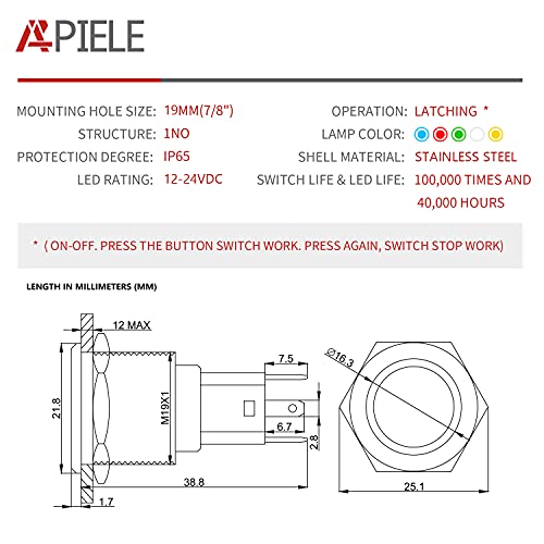 Apiele Rear Lights Push Button Switch On Off Spst Stainless Steel 10A 12V 24Vdc Pre-Wired 19Mm 0.74" Install Sizefor Car Boat Truck, 3 Year Warranty (Rear Lights) #TOP1