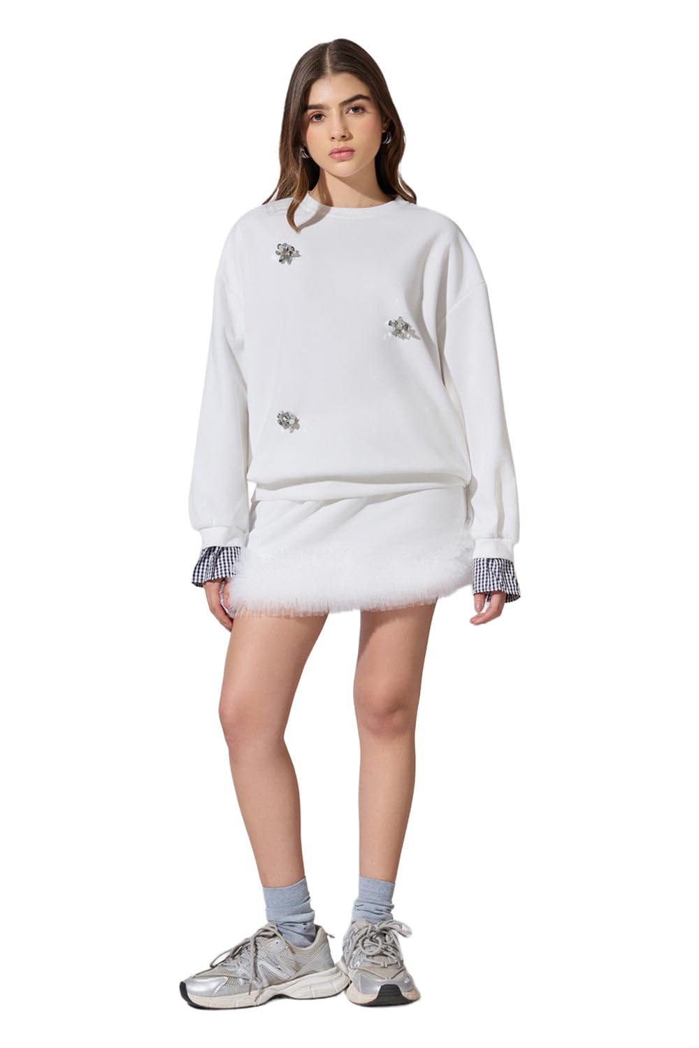 Edition Women's Embellished White Sweatshirt and Mini Skirt Co-Ord Set-CHN-1336_White-P-image-15