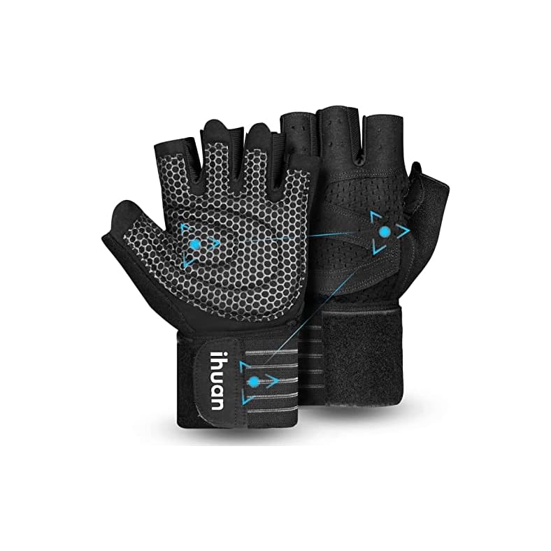 ihuan Ventilated Weight Lifting Gym Workout Gloves with Wrist Wrap Support for Men & Women, Full Palm Protection, for Weightlifting, Training, Fitness, Hanging, Pull ups