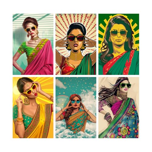Image of SiddArtify Modern Pop Art Women in Sarees Print Set - Sticker - 8x12 Inch - Pack of 6 Wall Room Decoration art Poster Prints