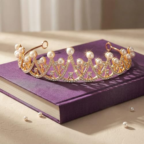 Image of Peora Cubic Zirconia & Pearl Studded Princess Tiara Crown Hair Accessory for Girls & Women
