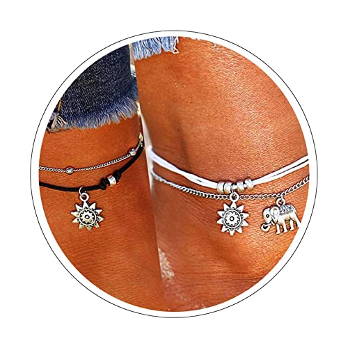 2 Piezas Multicapa Tobillera Cadena de pie Boho Capas Pulsera de Tobillo, LucBuy Hecho a Mano Cadena de Pie Joyería Elefante Girasol Cuentas para Mujer