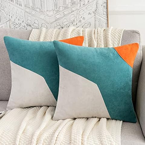 Velvet Cushion Covers 18x18 Set of 2 Gray Teal Orange Patchwork Throw Pillow Covers 45 x 45cm Luxury Modern Decorative Cushion Cases for Couch Bed Living Room Cover