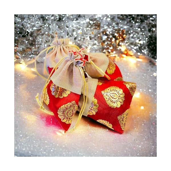 Krisah 10pcs 18 X 12 cm Women Red Printed Silk Half Jute Small Gift Potli Bags for Gifting - Image 5
