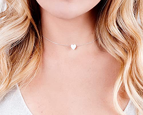 White Opal Heart On Sterling Silver 925 Choker Necklace - Designer Handmade Minimal Collar - Length: 13.5 Inch + 3 Inch Extender #TOP1