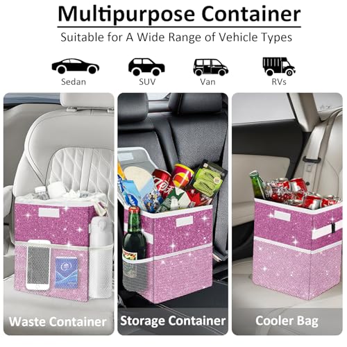 Image of Cute Mini Car Trash Bag with Lid, Glitter Garbage Can Bin Hanging for Back /Front Seat /Console, Waterproof, Leakproof, 2.5 Gallon, Purple Bling Sparkly