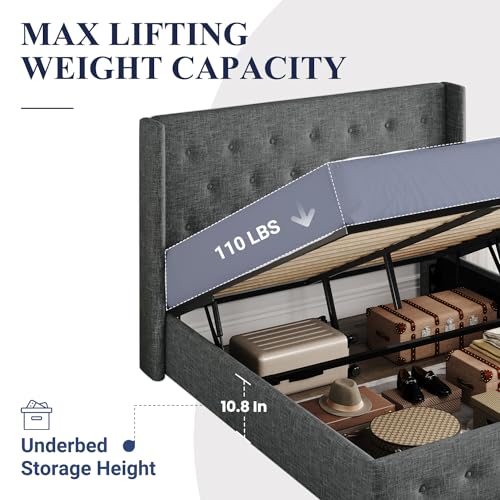 Allewie Queen Size Lift Up Storage Bed, Button Tufted Headboard with Wingback, Hydraulic Support, No Box Spring Needed, Dark Grey