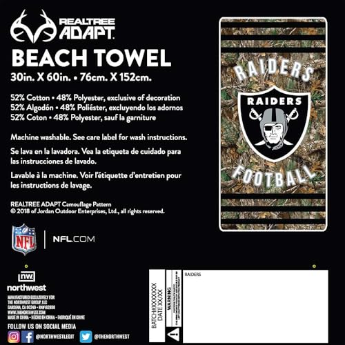 Image of Northwest NFL Las Vegas Raiders Unisex-Adult Beach Towel, 30 inch x 60 inch, Realtree Camo Stripes