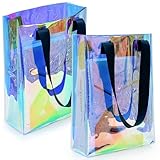 RAINFLOW 2 PCS Holographic Gift Bags - Iridescent Gift Bag with Handles Reusable Sturdy Clear Tote Bulk Party Favor Medium Size for Goodie Birthday Valentine Party Christmas Shopping 9.8x3.9x13.4 inch