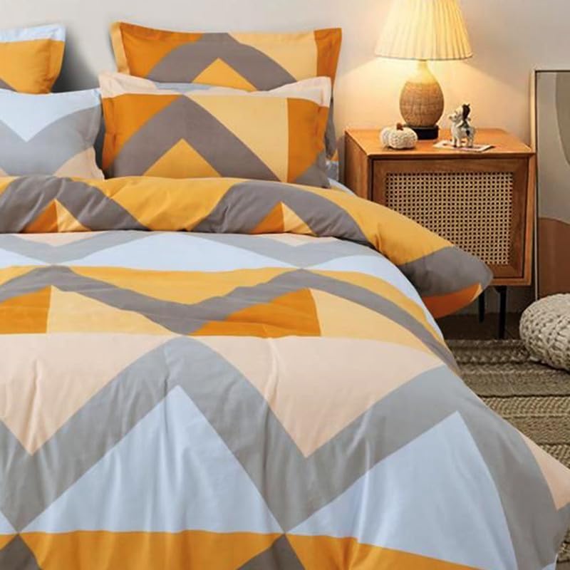 Image of Polycotton Single Bed Bedsheet, Flat Sheet with 1 Pillow Cover, Queen (60x90 inch), 300 TC, Yellow & Grey, Set of 2