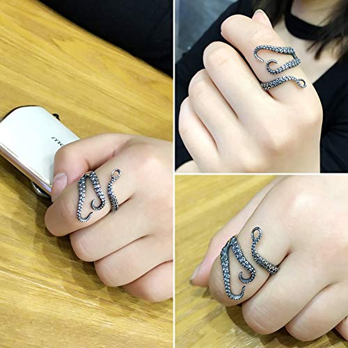 Vintage Stainless Steel Octopus Ring for Women Men Adjustable Polished Tentacles Retro Gothic Punk Style Jewelry Silver Black with Velvet Bag3