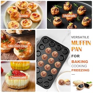 E-far Mini Muffin Pan - 24-Cup Nonstick Carbon Steel Cupcake Tin for Perfect Mini Muffins & Cupcakes, Warp-Free Bakeware for Even Baking & Easy Release, Oven Safe
