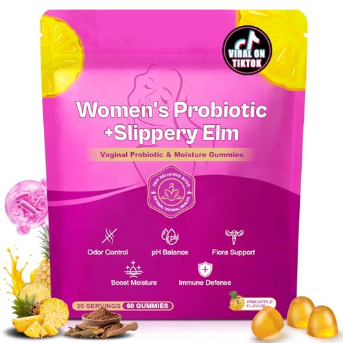 Kaseano Slippery elm Feminine Probiotic + Moisture GummiesSupports pH Balance Vaginal Flora & Odor Health with Bacillus coagulans and Slippery Elm Delicious Pineapple Flavor 60 Count.