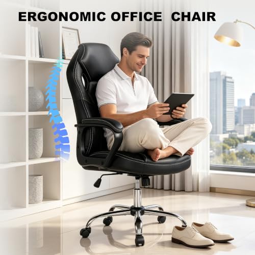 Image of Gaming Office Chair, PU & Mesh Design Computer Desk Chair, Wide Seat Big and Tall Swivel Office Chair, 400 LBS Weight Capacity Metal Base for Home Office Gaming