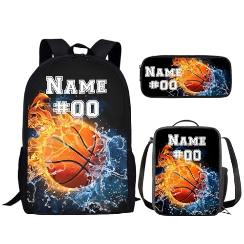 Bulopur Custom Kids Backpack with Lunch Box Penci Bag Set with Name and Number Personalized Basketball Bookbag For Boys Age 12-14 Back to School Supplies