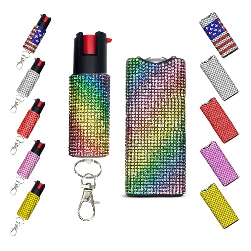 FURY Gem Stone Pepper Spray Stun Gun Combo - Stylish Multi-Color, 12ft Range, UV Dye Identifier, Flashlight, Rechargeable, Self-Defense Kit, Personal Safety, (Rainbow)