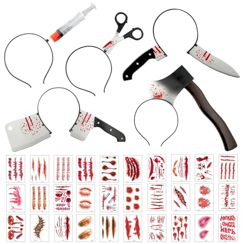 Halloween Kostüm Accessoire Set,5 Stück Horror Haarreif,Halloween Haarbänder Set,Halloween Messer Im Kopf,Schere Axt Messer Syringe im Kopf Stirnbänder,Horror Haarreif Dekorieren,HalloweenParty