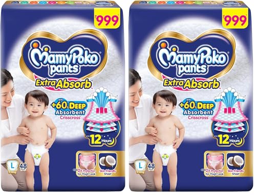 Image of MamyPoko Pants Extra Absorb Baby Diapers, Large (L Size) | 9-14 kg | 48 Count |Deep Sleep Diapers| Soft Gentle fit |Deep Absorbent Crisscross | Skin Friendly with Coconut Oil | (Pack of 2)