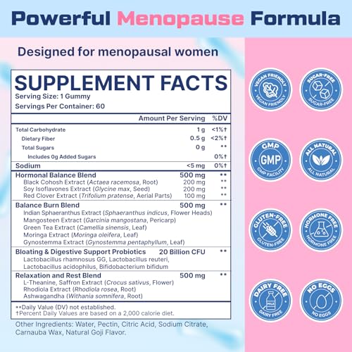 Menopause Supplements for Women Gummies, 16-in-1 Probiotic, Black Cohosh & Ashwagandha for Menopause Relief, Hot Flashes, Hormone Harmony, Mood Swings, Belly Burner* & Gut, Sugar-Free - 60 Gummies - Image 3