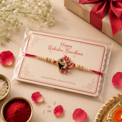 Image of Set for Brother Set of 2, Designer Peacock Rakhi for Brother Boy Men, Premium Kalash Raki for Bhaiya, Traditional Rakshabandhan Rakhis with Best Wishes Card and Tillak Set, Thread (g)