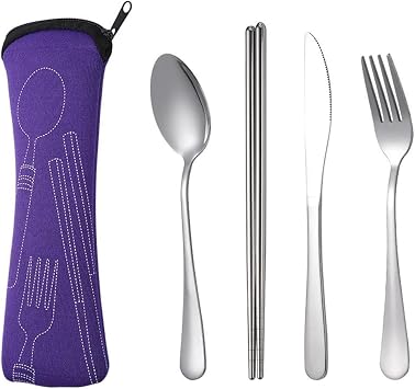 4Pcs Set Portable Spoon Fork Steak Knife Set Dinnerware Travel Cutlery Tableware with Bag