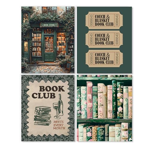 LUKIPOM Vintage Nostalgic Book Wall Art Posters Set of 4, Reading Nook Corner Room Decor, Retro Green Bookish Canvas Prints Artwork for Library Book Store Club Wall Decor, 8x10 Unframed