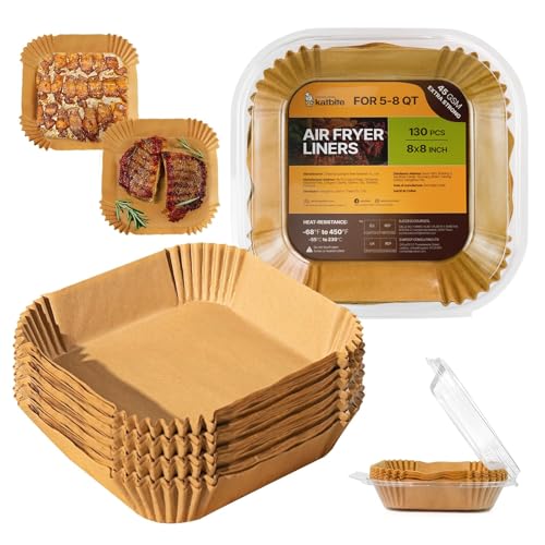 Katbite Air Fryer Liners Disposable - 8 inch Square Non-Stick Airfryer Paper Liners Unbleached Parchment Paper for 5 to 8 Qt Basket Frying Baking Cooking Roasting Easy Cleanup 130pcs