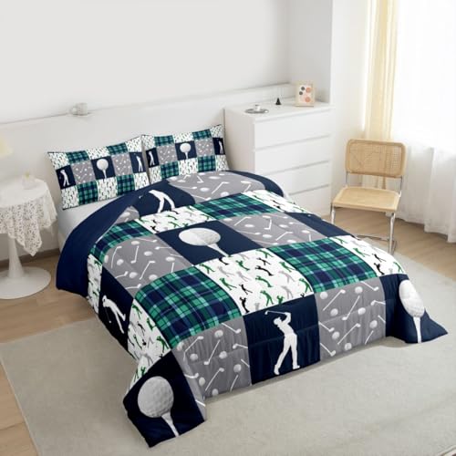 Image of Feelyou Golf Comforter Set King Size Blue Green Plaid Buffalo Check Geometric Bedding Set for Kids Boys Girls Sports Theme Duvet Quilt Bedroom Decor Microfiber 3 Pcs with 2 Pillow Cases