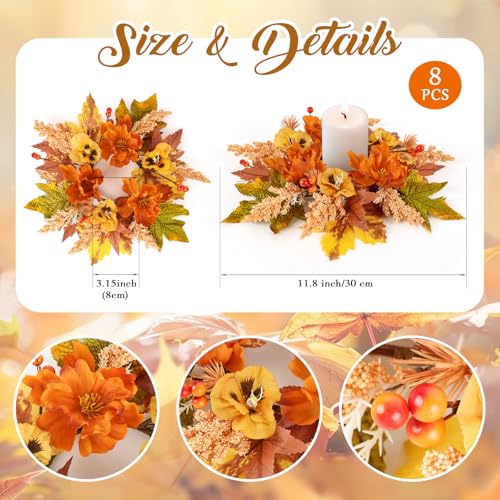 Image of 8 Pcs Fall Floral Candle Rings Mini Autumn Candle Rings Wreaths with Berries Table Centerpiece Fall Hanging Wreath for Farmhouse Table Front Door Indoor Decorations