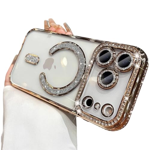 Image of DIZORO Compatible with (iPhone 17 Pro Case) Clear Luxury Diamond Glitter Case |Camera Lens Protector with Glitter Ring | Premium Shockproof Glossy Shiny Back Cover Case for Girls Women -Gold