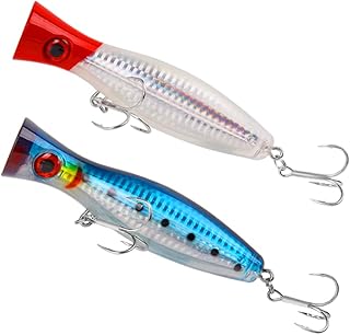 ansari 2 Pcs Saltwater Fishing Popper Lure 4.92 in/1.41 oz Topwater Popper Lure Artificial Lure Big Game 3D Eyes Hard Baits with Treble Hooks for Striped Bass,Trout,Tuna,Bluefish