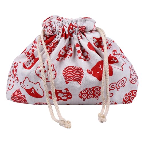 TOGEVAL Bolsa para Almuerzo Japonesa de Doble Capa Gruesa Diseño de Japonés Algodón y Lino con Cordón Ligera y Portátil para Picnic y Oficina Roja