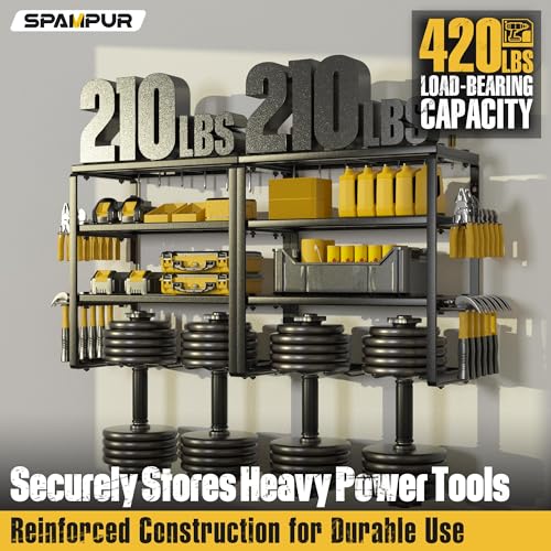 Spampur Power Tool Organizer Wall Mount, Heavy Duty 420LB with 8-Slot Drill Holder - All-in-One Garage Storage for Workshop, Christmas Gift for Men, Dad, DIYers, 15 Min Quick Assembly - Thumbnail 2