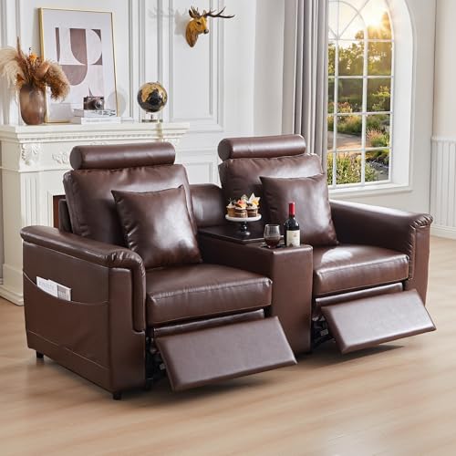 Image of RARZOE Modular Sofa Console Module with Storage, Faux Leather Storage Console with Table &USB Port&Cup Holder, Modular Sectional Sofa Module for Living Room Home Theater,Brown