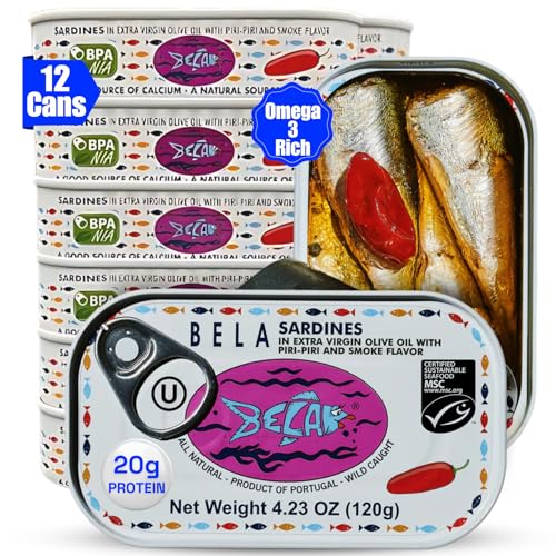 BELA Wild Caught Portuguese Sardines - Lightly Smoked and Marinated in Piri Piri Flavored Extra Virgin Olive Oil | 4.25 Oz (Pack of 12) | All Natural, High Protein, Hand Selected, Sea Salted, & Omega 3 Rich