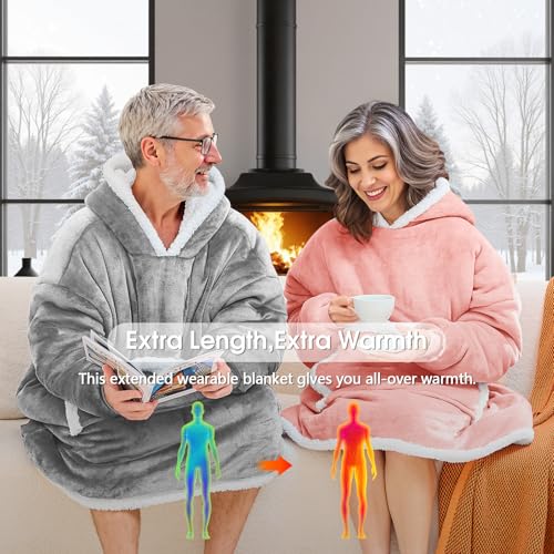 JOYWOO Wearable Blanket Hoodie,Oversized Cat Lovers Sweatshirt Blanket for Adult & Teens, Birthday Gifts for Women Men Mom Girl Boys,Cozy Sherpa Fuzzy Blanket Giant Pocket Gifts,Silver Grey Small